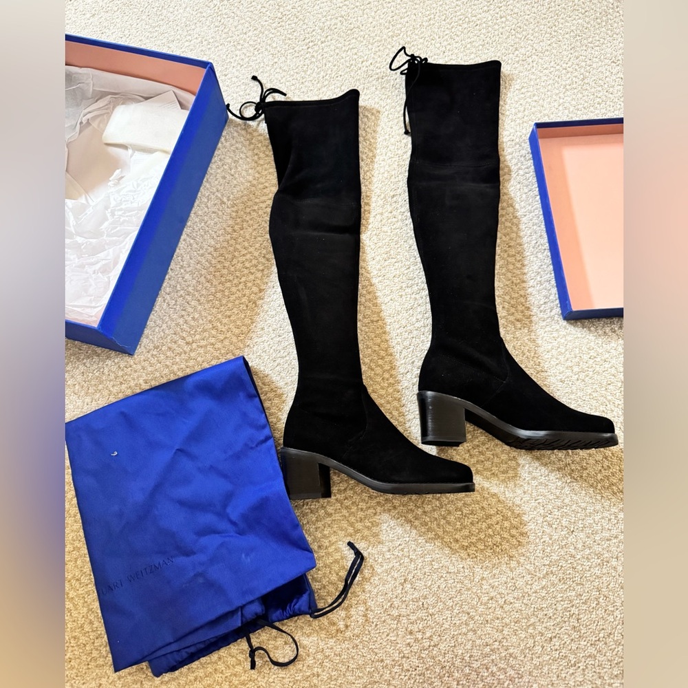 Stuart Weitzman Black Suede Over-the-Knee Block Heel Boots